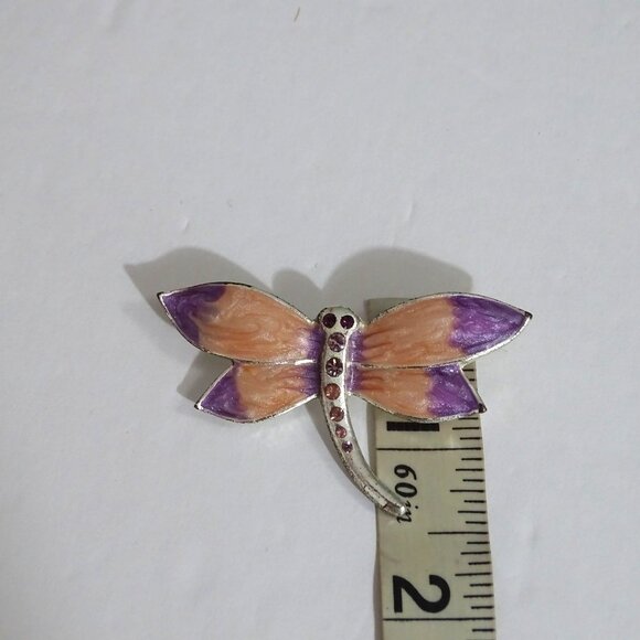 Dragonfly Brooch Pin With Rhinestones and Enamel Accents Purple Pink Silver Tone - Picture 7 of 8